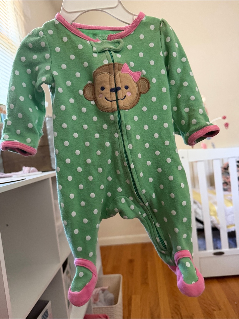 Green Polka Dot Monkey Footed Pajamas with Pink Trim